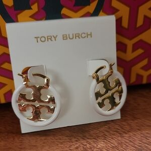 Tory Burch White Enamel and Gold Hoop Earrings